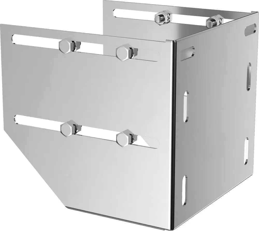 Verchromte Metallkonsole mit mehreren Montageöffnungen, geeignet für Abgaszubehör. Hergestellt von Bosch zur Stabilisierung der Abgasanlage.